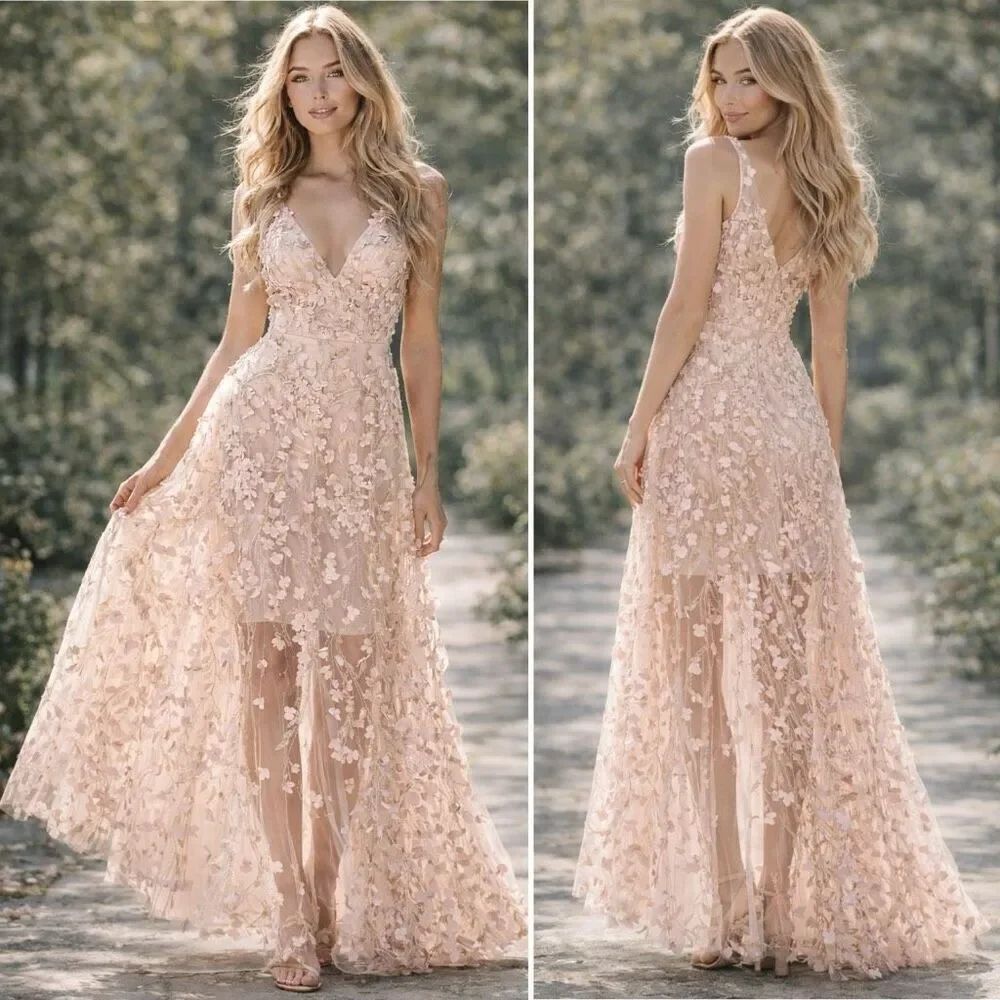Xscape 3D Floral Applique Maxi Dress 2 Romantic Fairy Lace Party Sheer Illusion